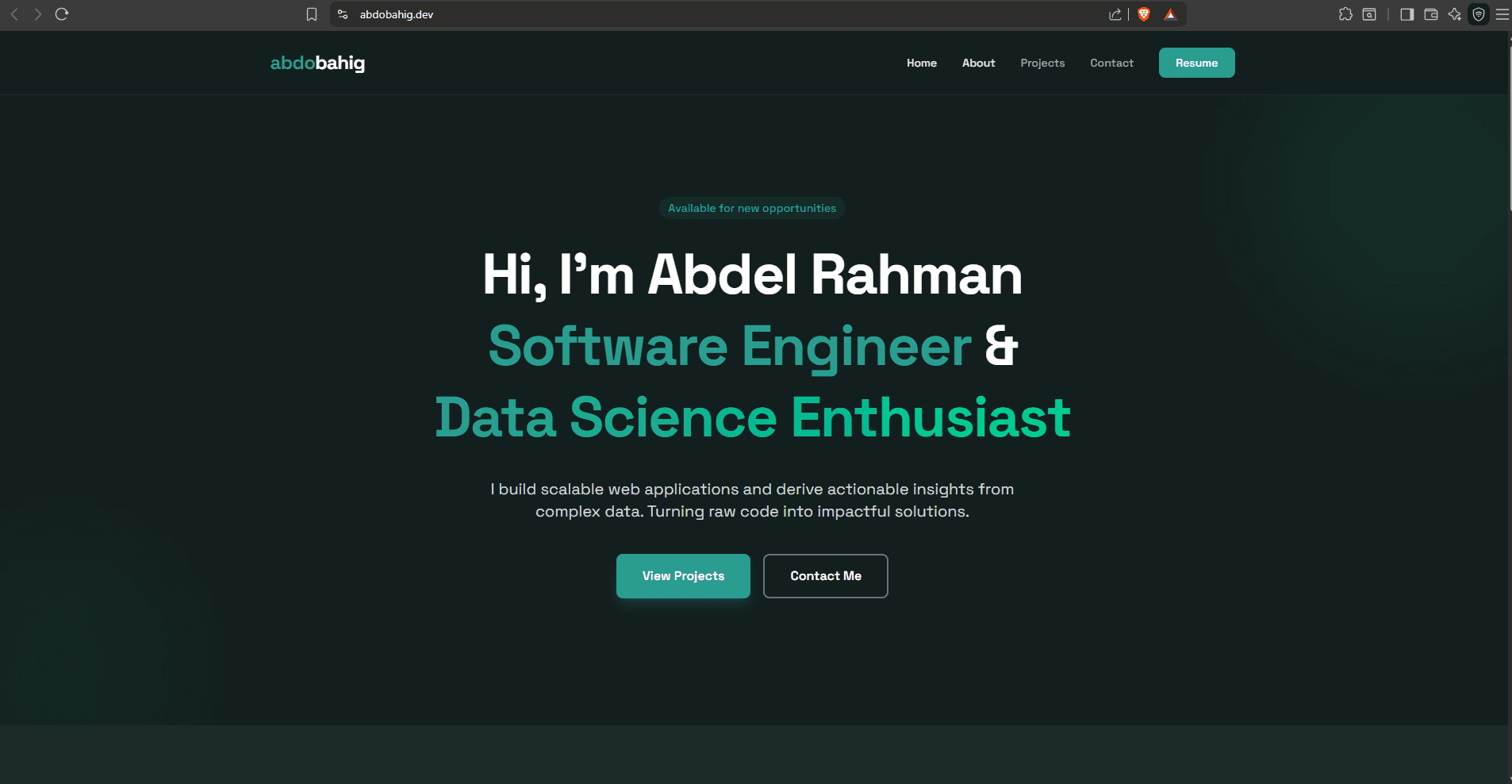 Screenshot of a personal portfolio website homepage